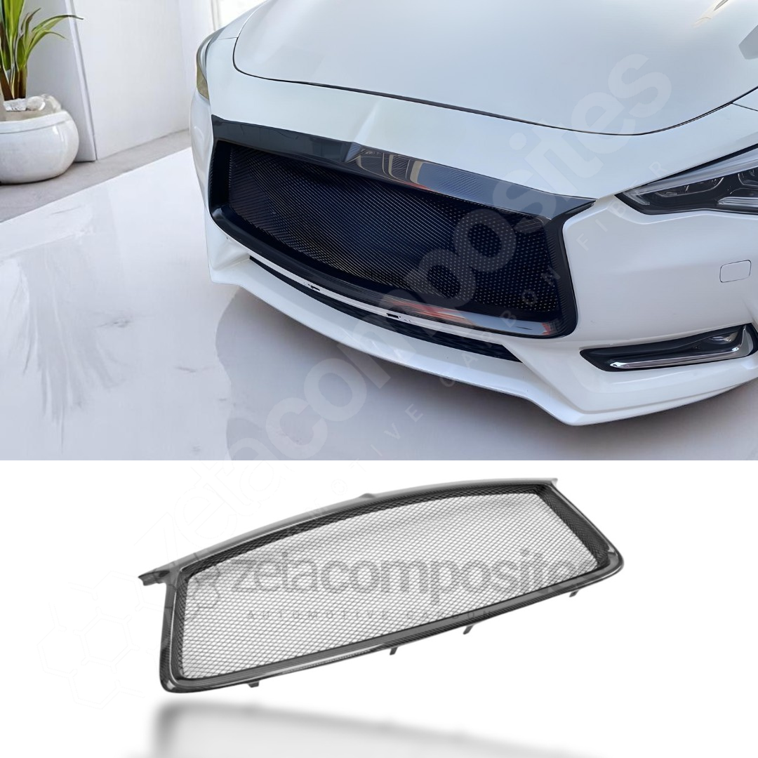thumbnail image 2 of JDM Real Carbon Fiber Badgeless Front Mesh Grille For Infiniti Q60 2017-2023 – Black Polished Finish 2 of 5