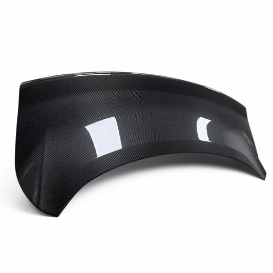 Curved carbon fiber trunk spoiler lip, black glossy weave finish