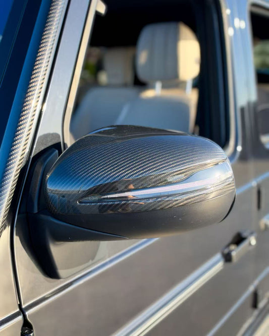 Mercedes G-Class carbon fiber mirror cap cover, installed on side mirror