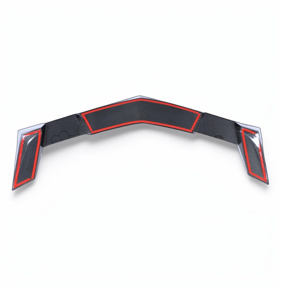 A curved automotive spoiler or wing component featuring a black carbon fiber pattern, textured grip panels, and bright red accent lines, shown against a plain white background.