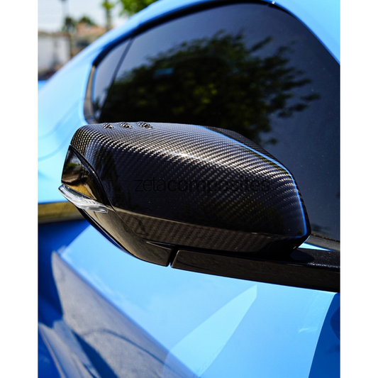 Carbon fiber side mirror cap cover in dark weave texture with chrome-like edge
