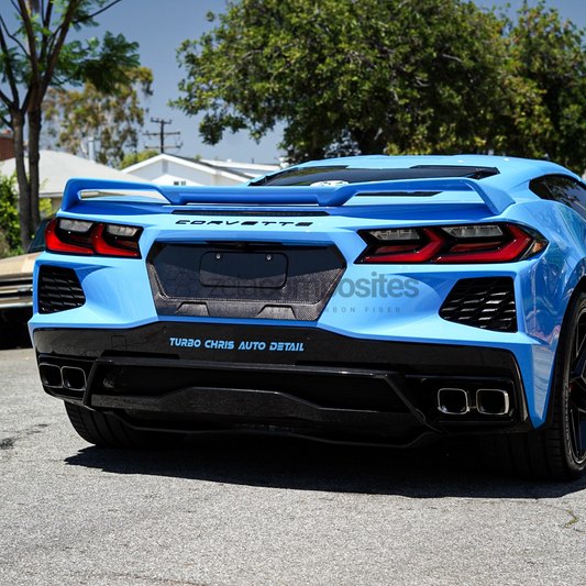 Carbon fiber rear decklid cover for Corvette C8, shown from rear angle
